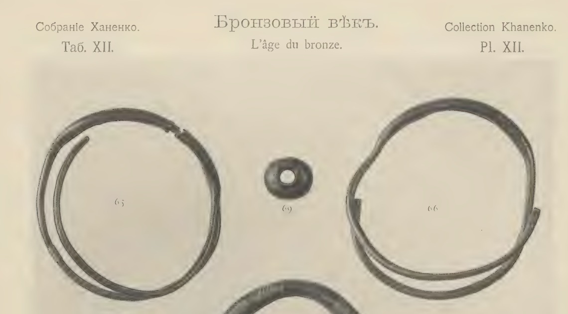Верхняя часть таблицы XII: два спиральных бронзовых браслета с номерами 65 и 66 и небольшой круглый предмет 69 между ними.