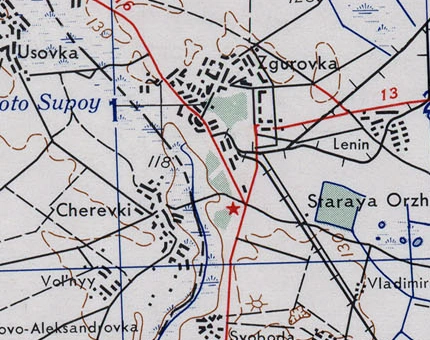 Подпись Zgurovka и застройка Згуровки на исторической карте AMS.