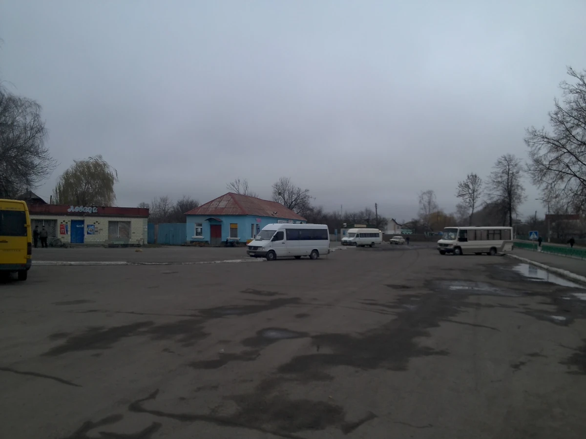 Міська вулиця Малина з невисокими будинками, автобусами й мікроавтобусами під похмурим небом.
