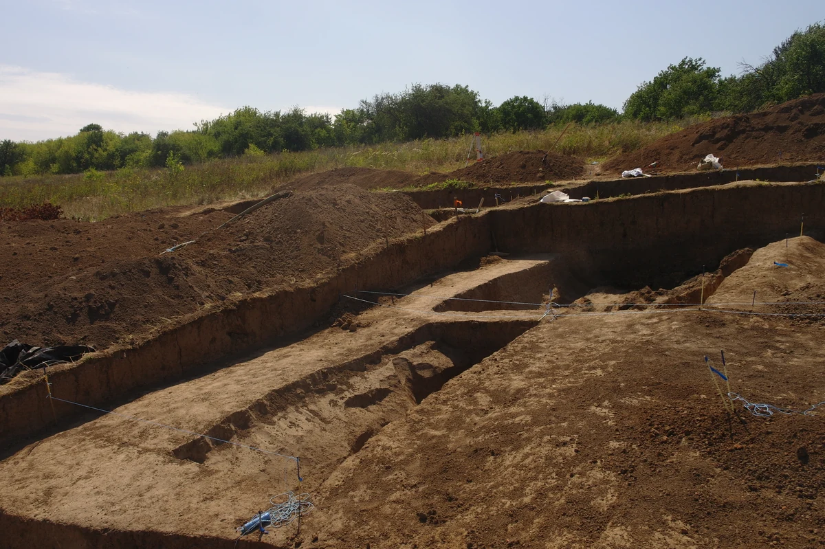 Відкритий археологічний розкоп із земляними бровками, заглибленнями та шнурами розмітки; поруч купи ґрунту, лопата й білі мішки, далі трава та дерева.