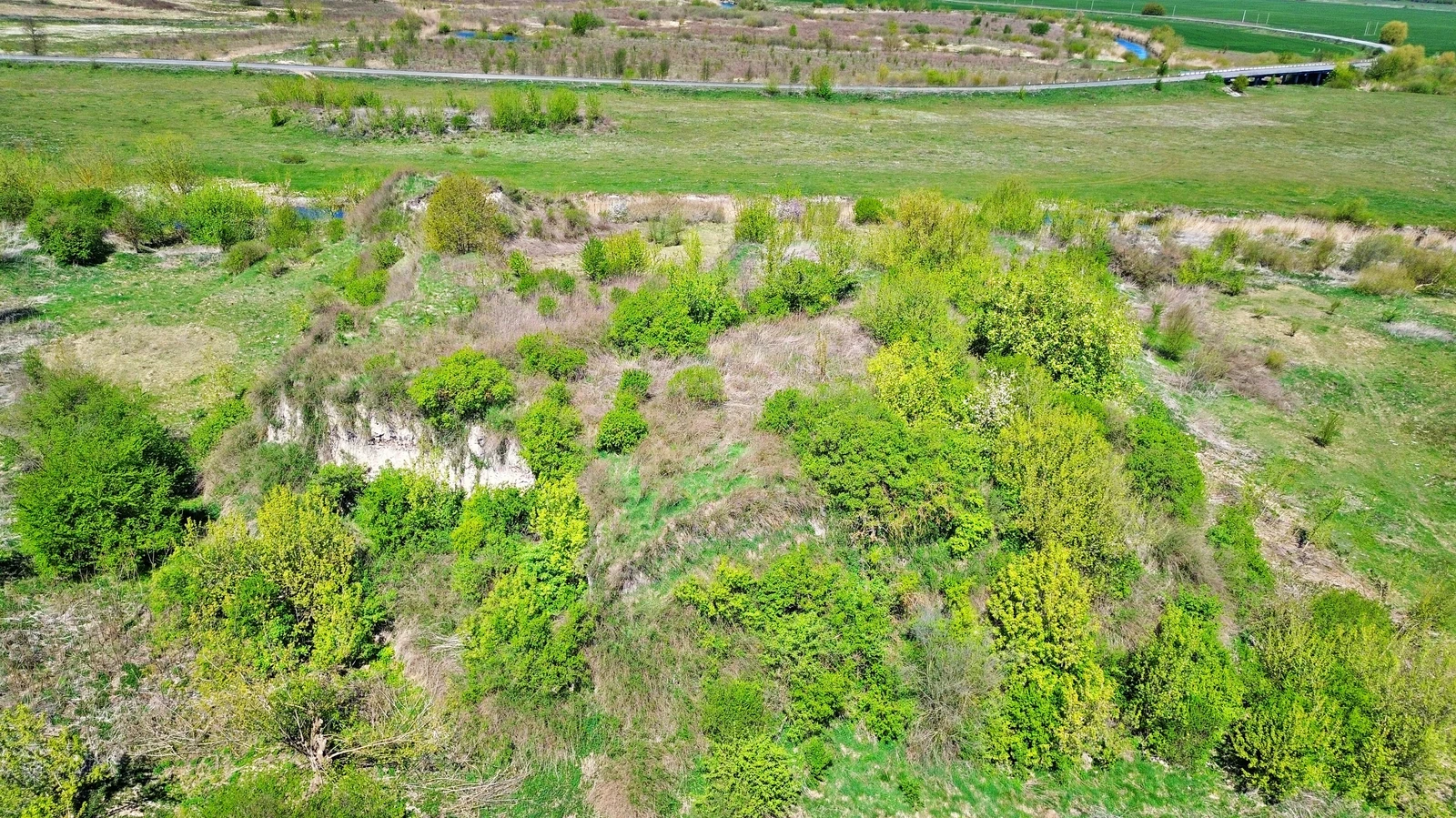 Зарослі травою, кущами й деревами земляні схили з відкритою світлою ділянкою ґрунту; позаду — луки, дорога й міст.